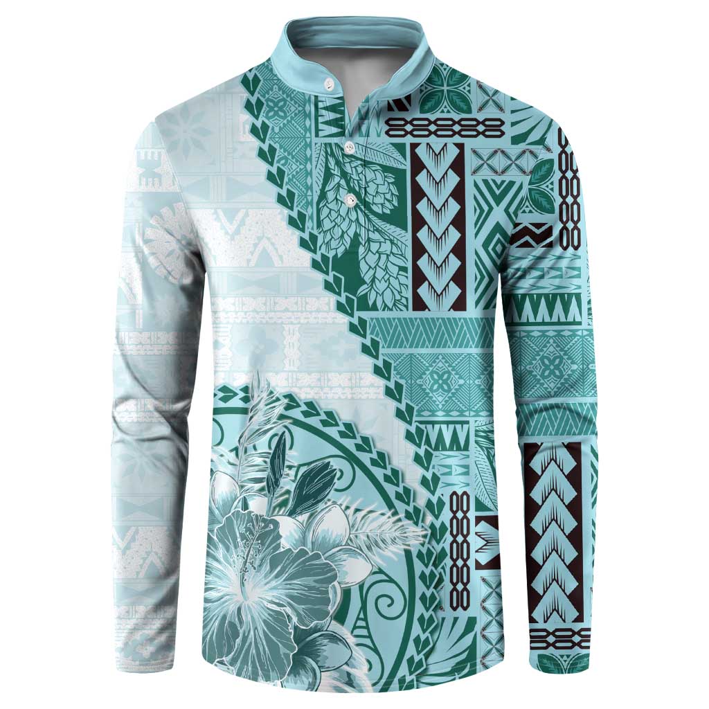 Samoa Siapo Elegant Button Sweatshirt Hibiscus Teal Motifs - Polynesian Pride