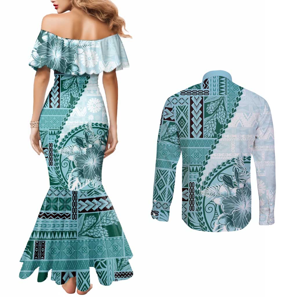 Samoa Siapo Elegant Couples Matching Mermaid Dress and Long Sleeve Button Shirt Hibiscus Teal Motifs - Polynesian Pride