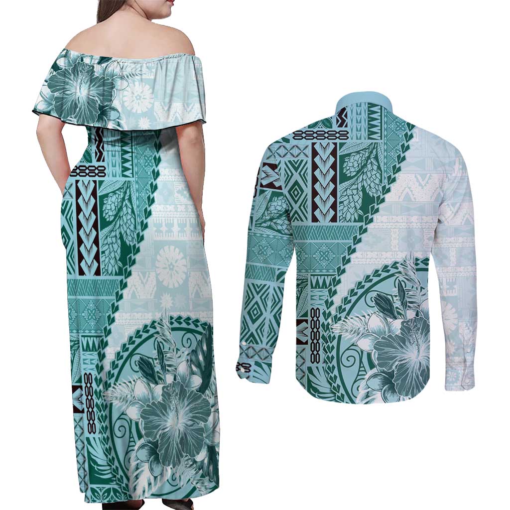 Samoa Siapo Elegant Couples Matching Off Shoulder Maxi Dress and Long Sleeve Button Shirt Hibiscus Teal Motifs - Polynesian Pride