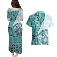 Samoa Siapo Elegant Couples Matching Puletasi and Hawaiian Shirt Hibiscus Teal Motifs - Polynesian Pride