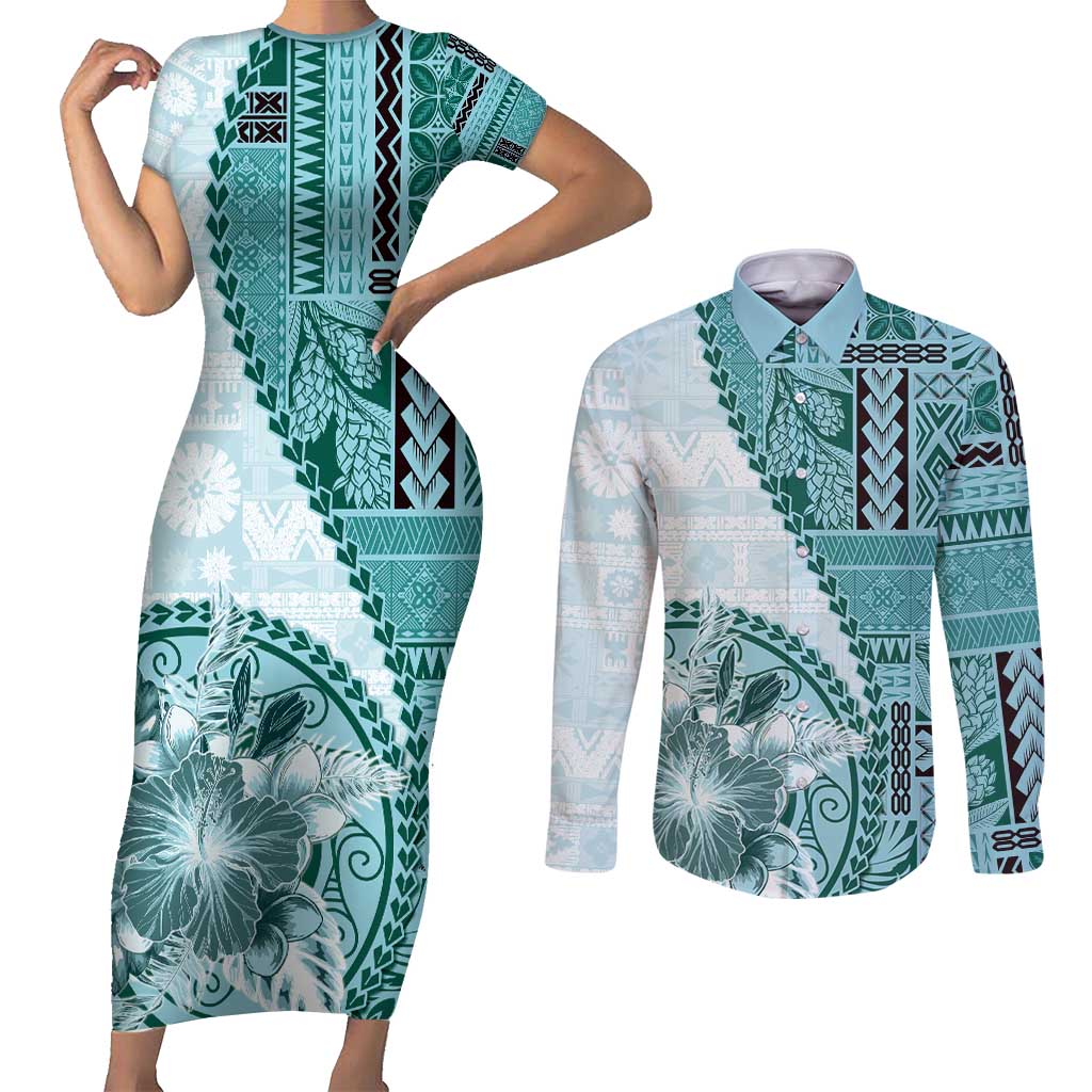 Samoa Siapo Elegant Couples Matching Short Sleeve Bodycon Dress and Long Sleeve Button Shirt Hibiscus Teal Motifs - Polynesian Pride