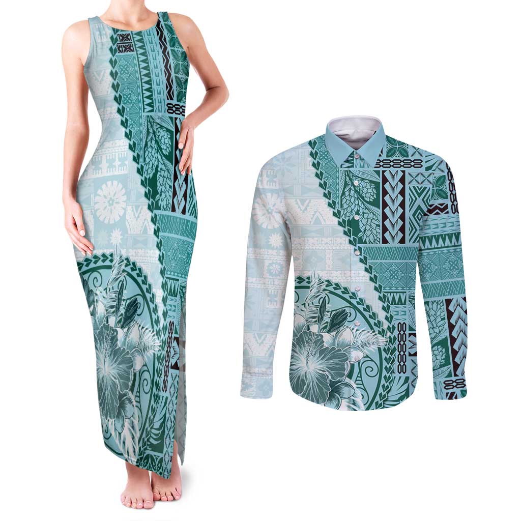 Samoa Siapo Elegant Couples Matching Tank Maxi Dress and Long Sleeve Button Shirt Hibiscus Teal Motifs - Polynesian Pride