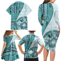 Samoa Siapo Elegant Family Matching Long Sleeve Bodycon Dress and Hawaiian Shirt Hibiscus Teal Motifs LT05 - Polynesian Pride