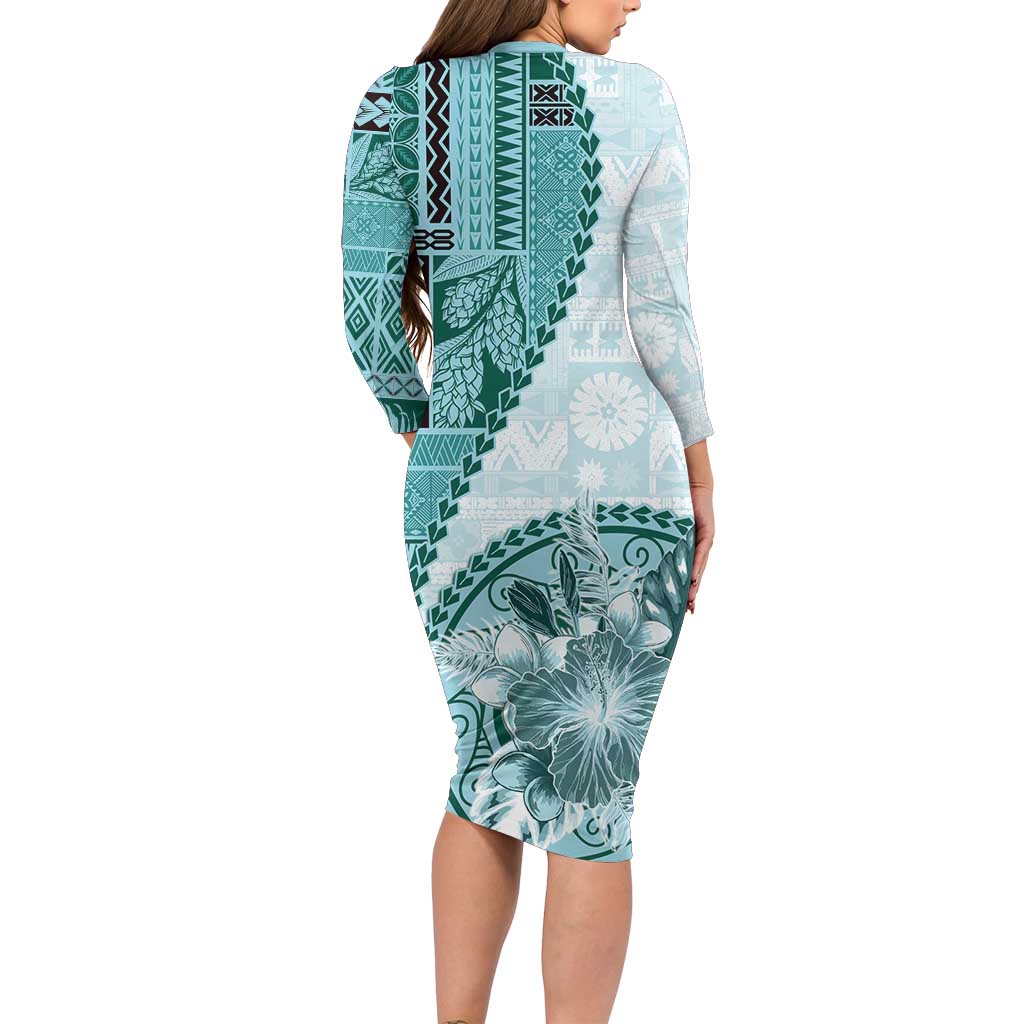 Samoa Siapo Elegant Family Matching Long Sleeve Bodycon Dress and Hawaiian Shirt Hibiscus Teal Motifs LT05 - Polynesian Pride