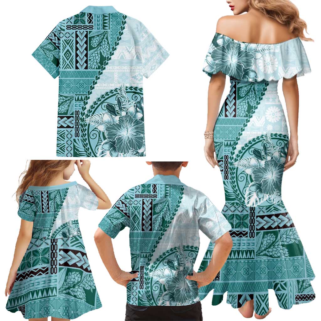 Samoa Siapo Elegant Family Matching Mermaid Dress and Hawaiian Shirt Hibiscus Teal Motifs LT05 - Polynesian Pride