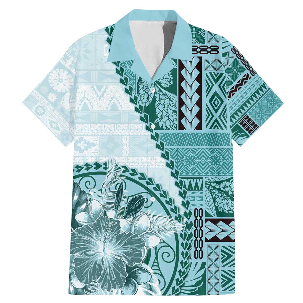 Samoa Siapo Elegant Family Matching Mermaid Dress and Hawaiian Shirt Hibiscus Teal Motifs LT05 Dad's Shirt - Short Sleeve Teal - Polynesian Pride