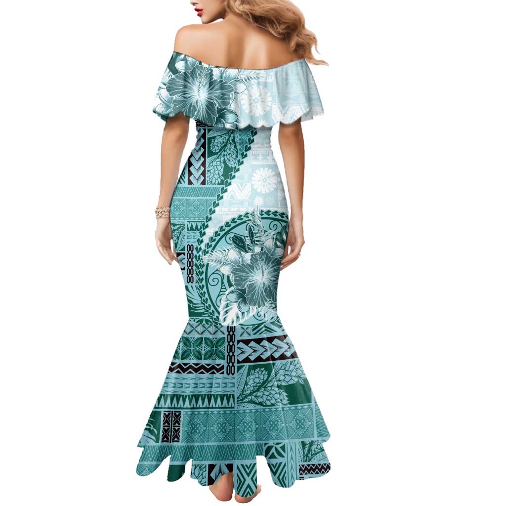Samoa Siapo Elegant Family Matching Mermaid Dress and Hawaiian Shirt Hibiscus Teal Motifs LT05 - Polynesian Pride