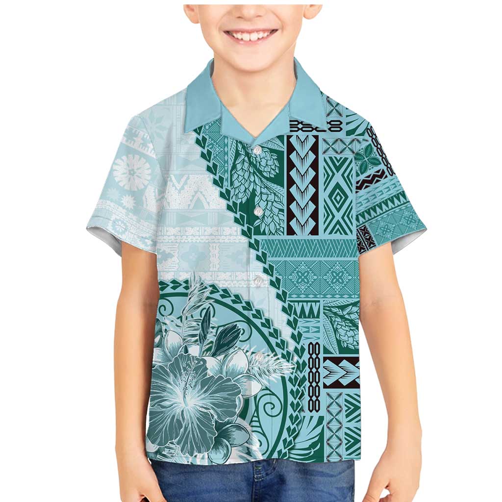 Samoa Siapo Elegant Family Matching Mermaid Dress and Hawaiian Shirt Hibiscus Teal Motifs LT05 Son's Shirt Teal - Polynesian Pride