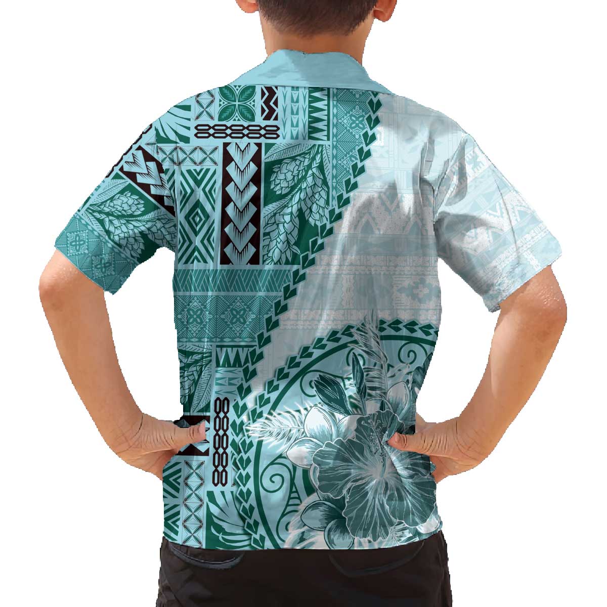 Samoa Siapo Elegant Family Matching Off The Shoulder Long Sleeve Dress and Hawaiian Shirt Hibiscus Teal Motifs LT05 - Polynesian Pride