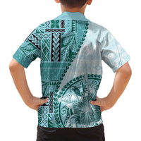 Samoa Siapo Elegant Family Matching Off The Shoulder Long Sleeve Dress and Hawaiian Shirt Hibiscus Teal Motifs LT05 - Polynesian Pride