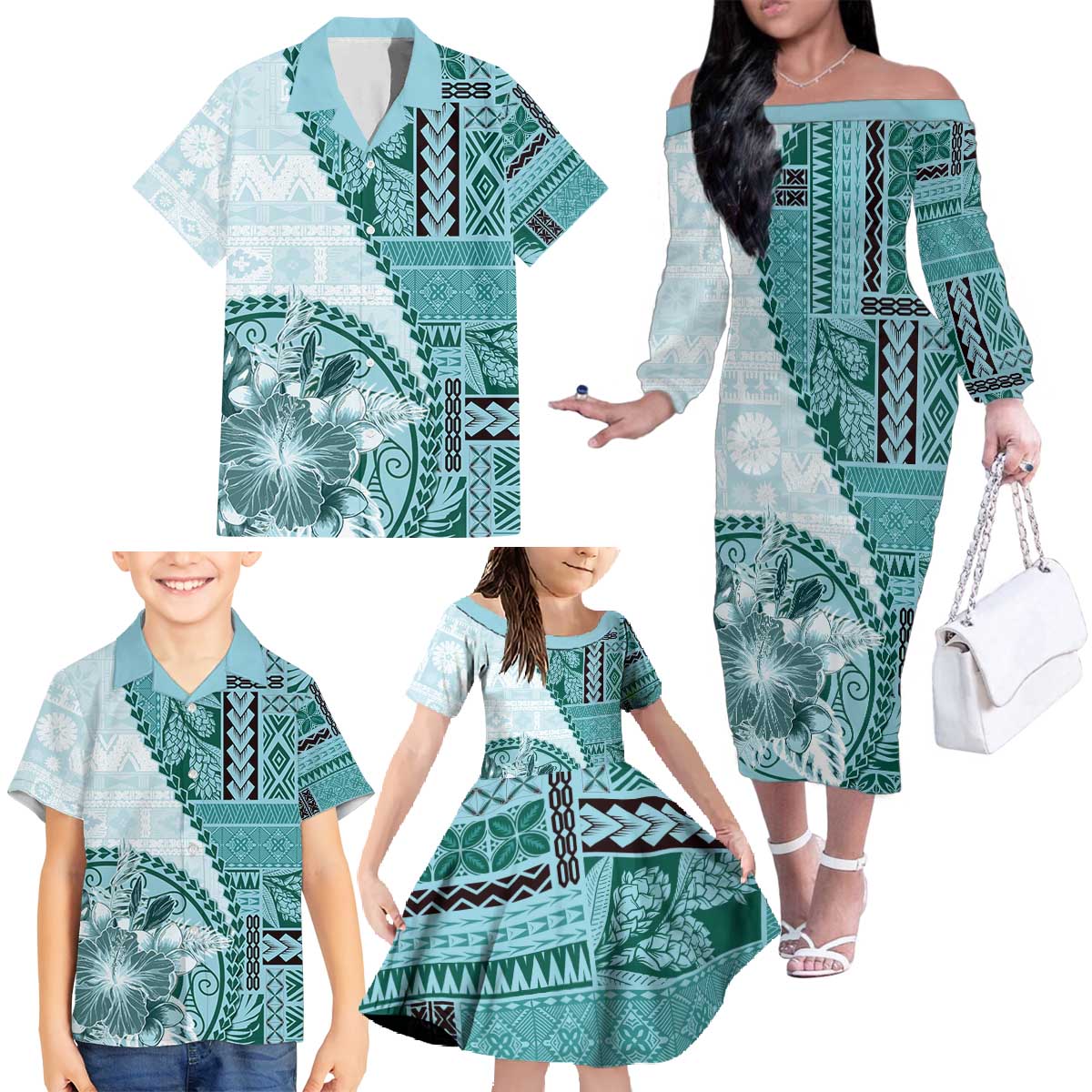 Samoa Siapo Elegant Family Matching Off The Shoulder Long Sleeve Dress and Hawaiian Shirt Hibiscus Teal Motifs LT05 - Polynesian Pride