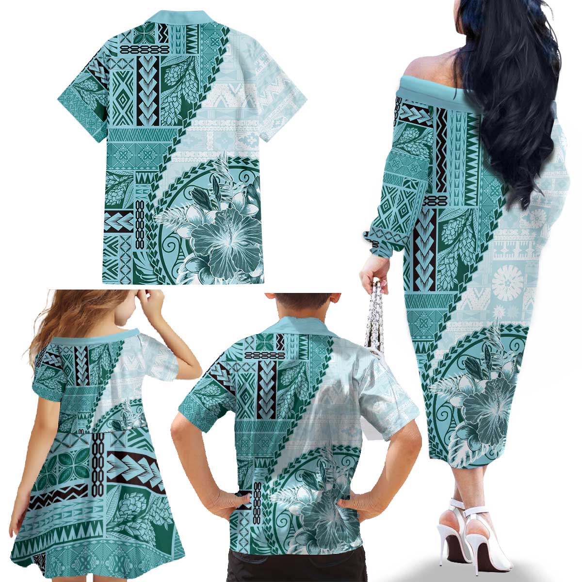 Samoa Siapo Elegant Family Matching Off The Shoulder Long Sleeve Dress and Hawaiian Shirt Hibiscus Teal Motifs LT05 - Polynesian Pride