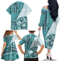 Samoa Siapo Elegant Family Matching Off The Shoulder Long Sleeve Dress and Hawaiian Shirt Hibiscus Teal Motifs LT05 - Polynesian Pride