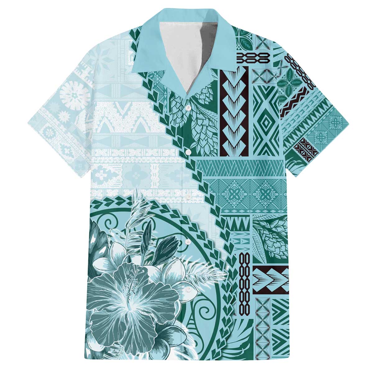 Samoa Siapo Elegant Family Matching Off The Shoulder Long Sleeve Dress and Hawaiian Shirt Hibiscus Teal Motifs LT05 Dad's Shirt - Short Sleeve Teal - Polynesian Pride