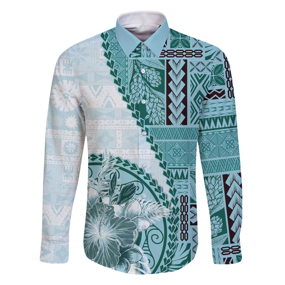 Samoa Siapo Elegant Family Matching Off The Shoulder Long Sleeve Dress and Hawaiian Shirt Hibiscus Teal Motifs LT05 Dad's Shirt - Long Sleeve Teal - Polynesian Pride