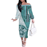 Samoa Siapo Elegant Family Matching Off The Shoulder Long Sleeve Dress and Hawaiian Shirt Hibiscus Teal Motifs LT05 Mom's Dress Teal - Polynesian Pride