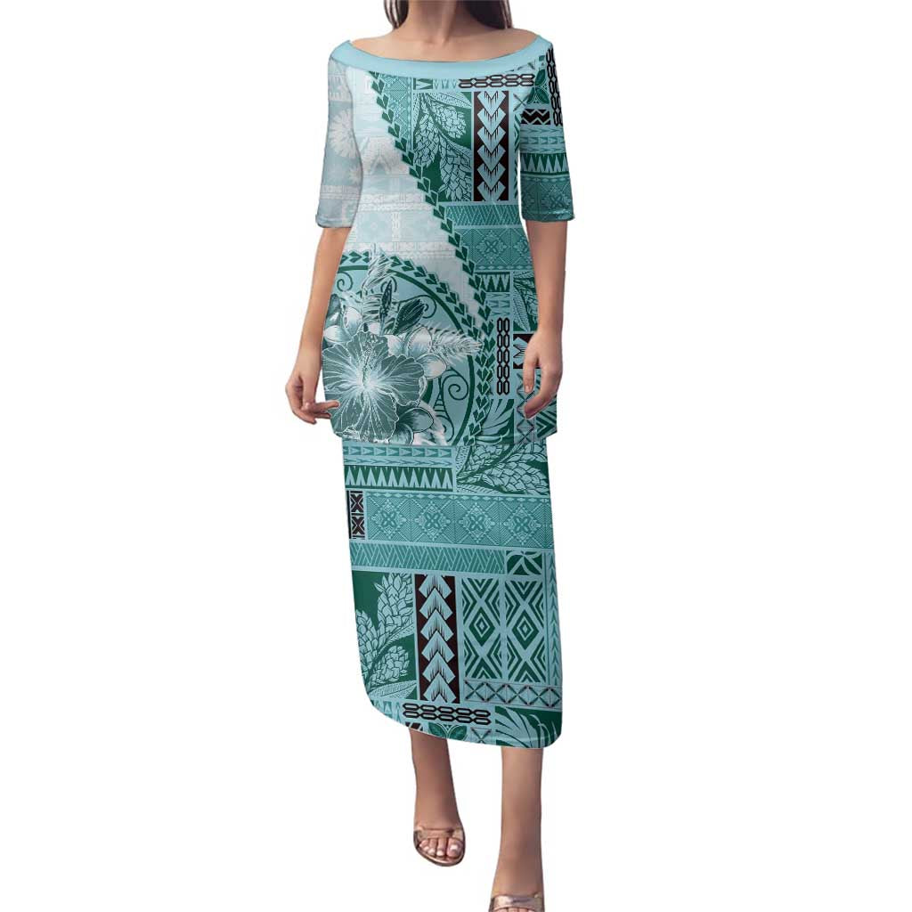 Samoa Siapo Elegant Family Matching Puletasi and Hawaiian Shirt Hibiscus Teal Motifs - Polynesian Pride