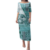 Samoa Siapo Elegant Family Matching Puletasi and Hawaiian Shirt Hibiscus Teal Motifs - Polynesian Pride