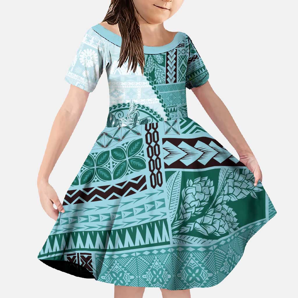 Samoa Siapo Elegant Family Matching Short Sleeve Bodycon Dress and Hawaiian Shirt Hibiscus Teal Motifs LT05 Daughter's Dress Teal - Polynesian Pride