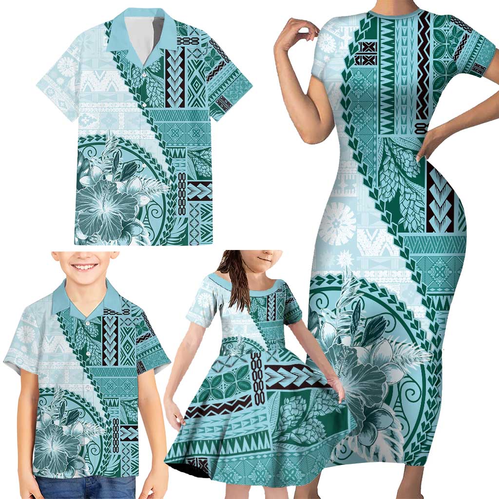 Samoa Siapo Elegant Family Matching Short Sleeve Bodycon Dress and Hawaiian Shirt Hibiscus Teal Motifs LT05 - Polynesian Pride