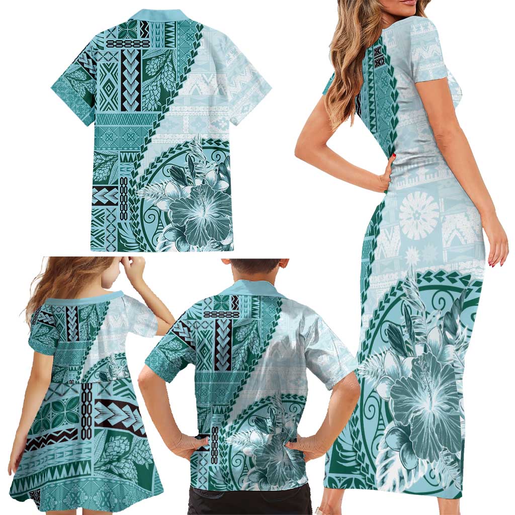Samoa Siapo Elegant Family Matching Short Sleeve Bodycon Dress and Hawaiian Shirt Hibiscus Teal Motifs LT05 - Polynesian Pride