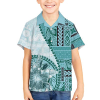 Samoa Siapo Elegant Family Matching Short Sleeve Bodycon Dress and Hawaiian Shirt Hibiscus Teal Motifs LT05 Son's Shirt Teal - Polynesian Pride