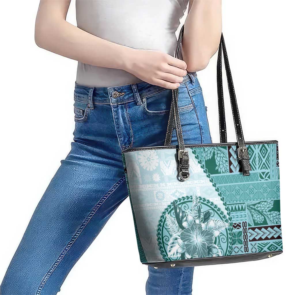 Samoa Siapo Elegant Leather Tote Bag Hibiscus Teal Motifs - Polynesian Pride