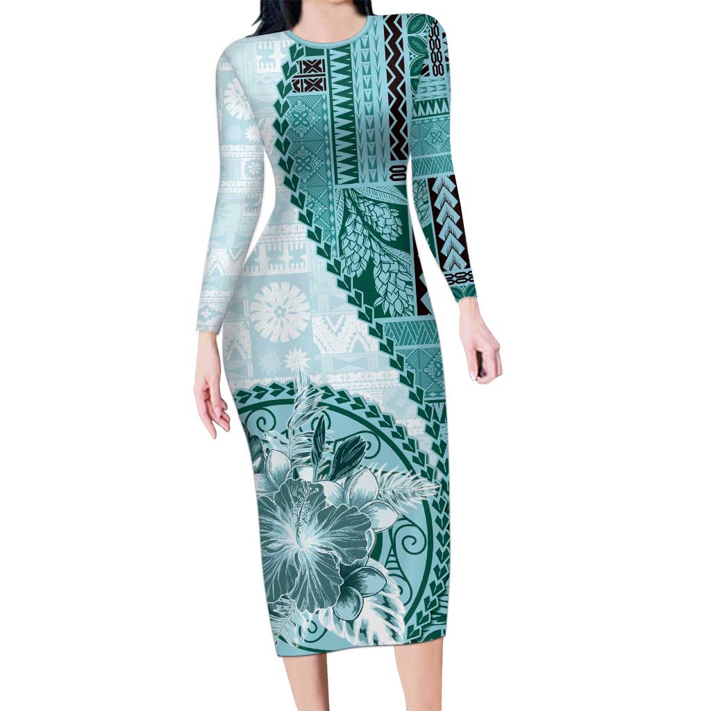 Samoa Siapo Elegant Long Sleeve Bodycon Dress Hibiscus Teal Motifs LT05 Long Dress Teal - Polynesian Pride