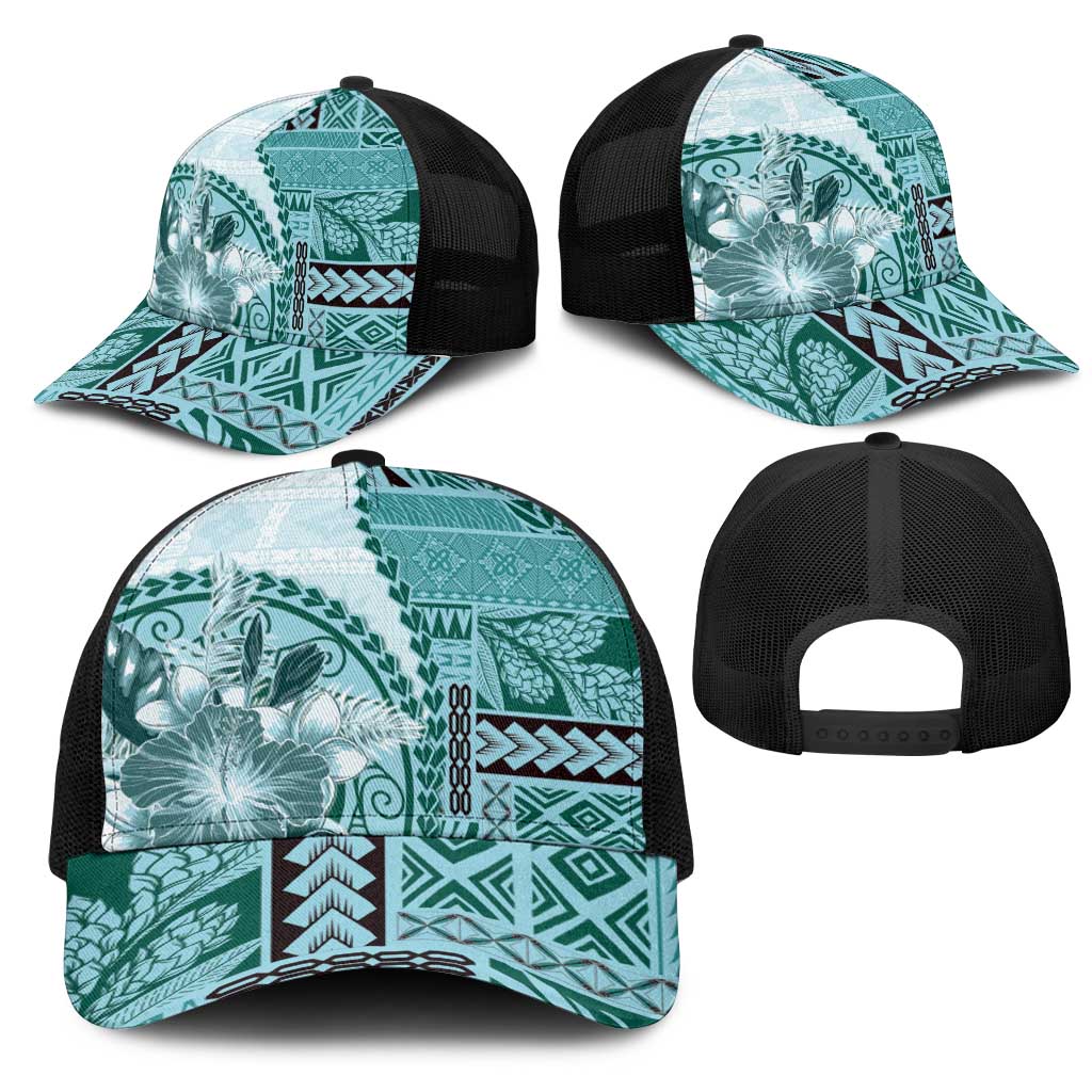 Samoa Siapo Elegant Mesh Trucker Cap Hibiscus Teal Motifs - Polynesian Pride