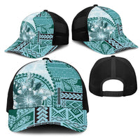 Samoa Siapo Elegant Mesh Trucker Cap Hibiscus Teal Motifs - Polynesian Pride