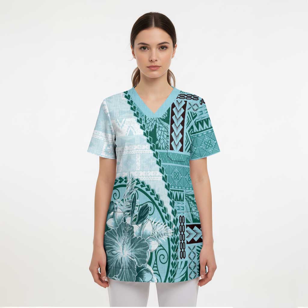 Samoa Siapo Elegant Scrub Top Hibiscus Teal Motifs - Polynesian Pride