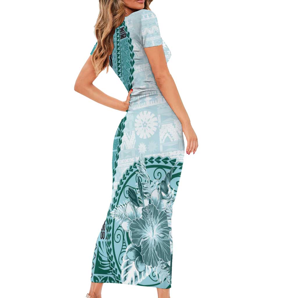 Samoa Siapo Elegant Short Sleeve Bodycon Dress Hibiscus Teal Motifs - Polynesian Pride