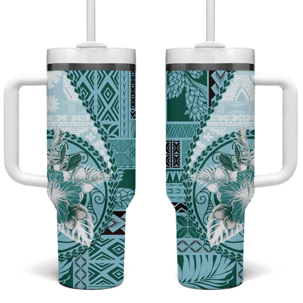 Samoa Siapo Elegant Tumbler With Handle Hibiscus Teal Motifs - Polynesian Pride
