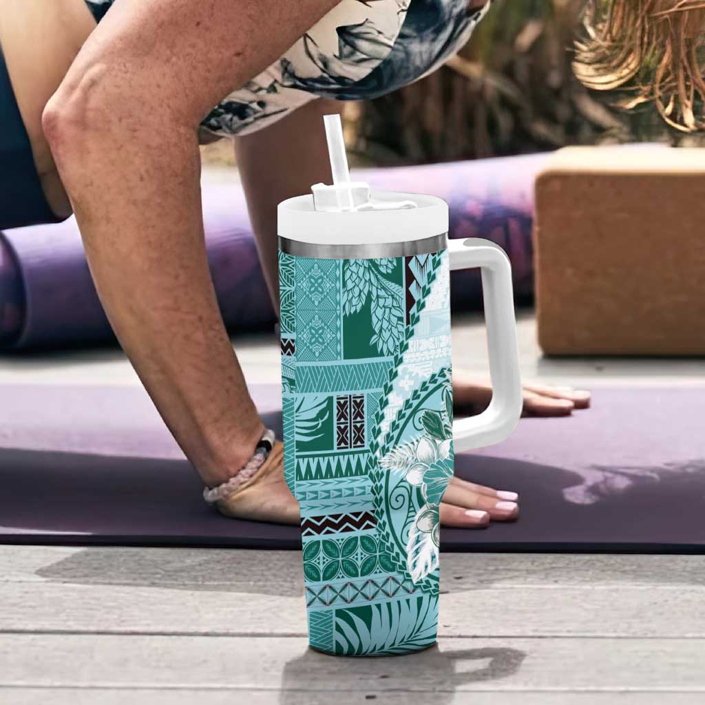 Samoa Siapo Elegant Tumbler With Handle Hibiscus Teal Motifs - Polynesian Pride