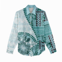 Samoa Siapo Elegant Women Casual Shirt Hibiscus Teal Motifs - Polynesian Pride