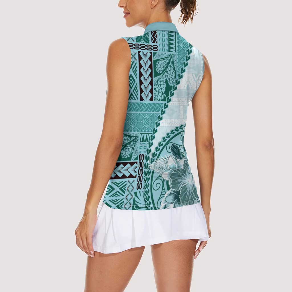 Samoa Siapo Elegant Women Sleeveless Polo Shirt Hibiscus Teal Motifs - Polynesian Pride