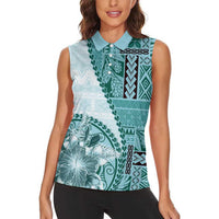 Samoa Siapo Elegant Women Sleeveless Polo Shirt Hibiscus Teal Motifs - Polynesian Pride