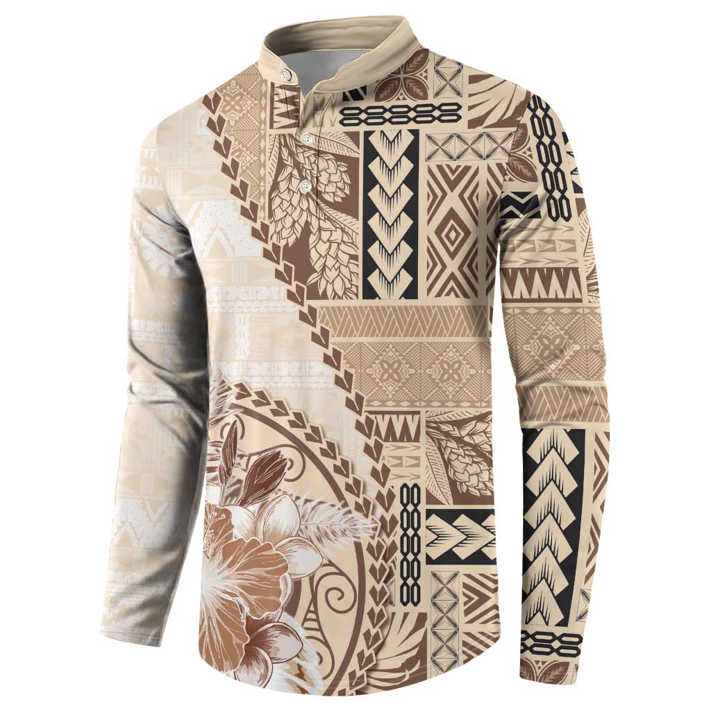 Samoa Siapo Elegant Button Sweatshirt Hibiscus Beige Motifs - Polynesian Pride