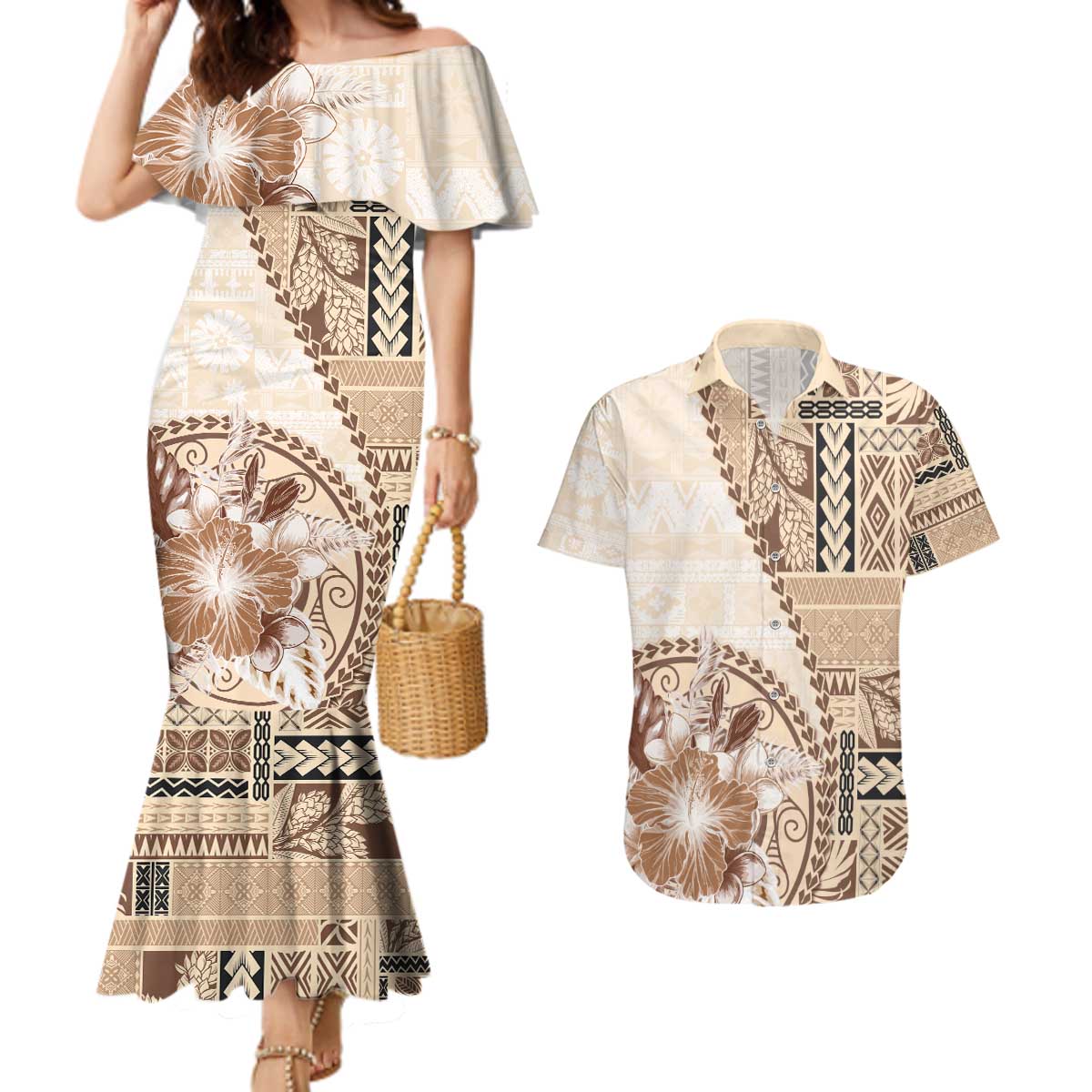 Samoa Siapo Elegant Couples Matching Mermaid Dress and Hawaiian Shirt Hibiscus Beige Motifs - Polynesian Pride