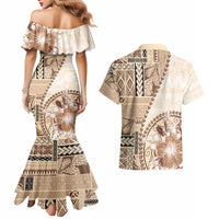 Samoa Siapo Elegant Couples Matching Mermaid Dress and Hawaiian Shirt Hibiscus Beige Motifs - Polynesian Pride