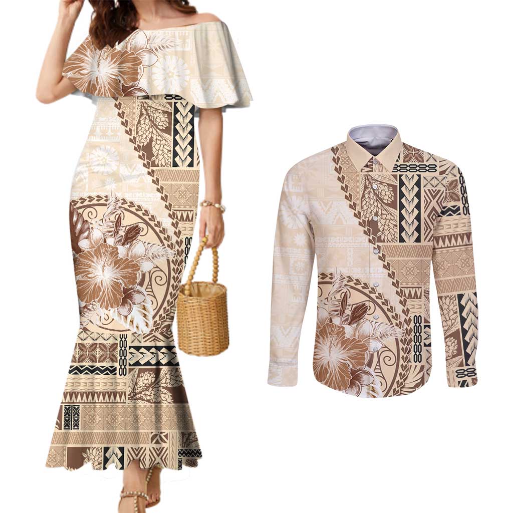 Samoa Siapo Elegant Couples Matching Mermaid Dress and Long Sleeve Button Shirt Hibiscus Beige Motifs - Polynesian Pride