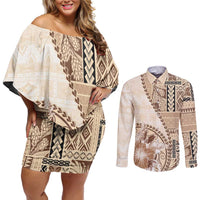 Samoa Siapo Elegant Couples Matching Off Shoulder Short Dress and Long Sleeve Button Shirt Hibiscus Beige Motifs - Polynesian Pride
