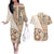 Samoa Siapo Elegant Couples Matching Off The Shoulder Long Sleeve Dress and Hawaiian Shirt Hibiscus Beige Motifs - Polynesian Pride