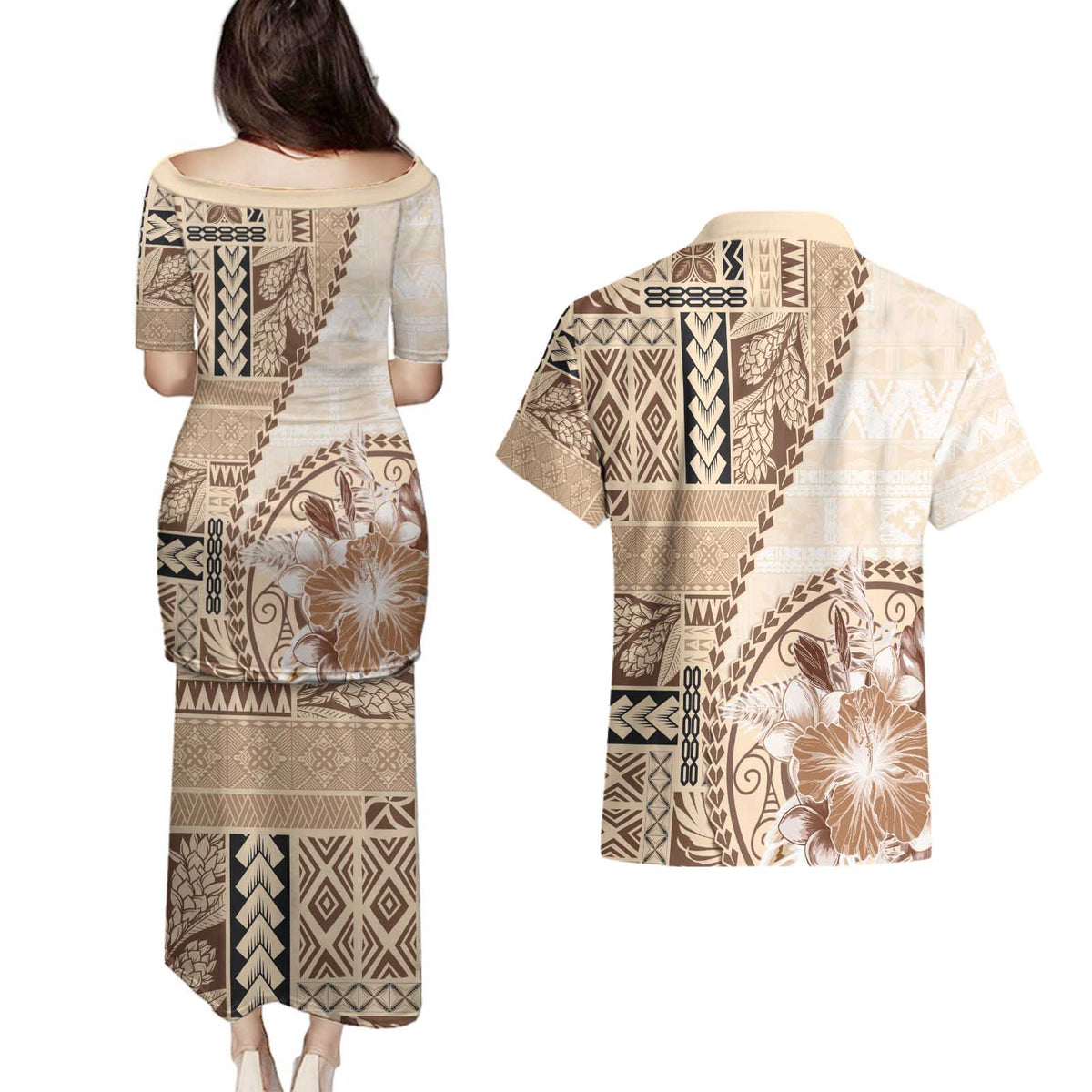 Samoa Siapo Elegant Couples Matching Puletasi and Hawaiian Shirt Hibiscus Beige Motifs - Polynesian Pride