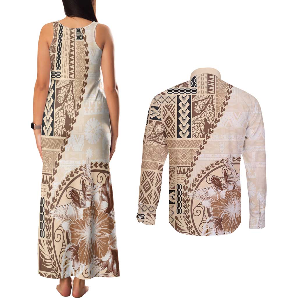Samoa Siapo Elegant Couples Matching Tank Maxi Dress and Long Sleeve Button Shirt Hibiscus Beige Motifs - Polynesian Pride