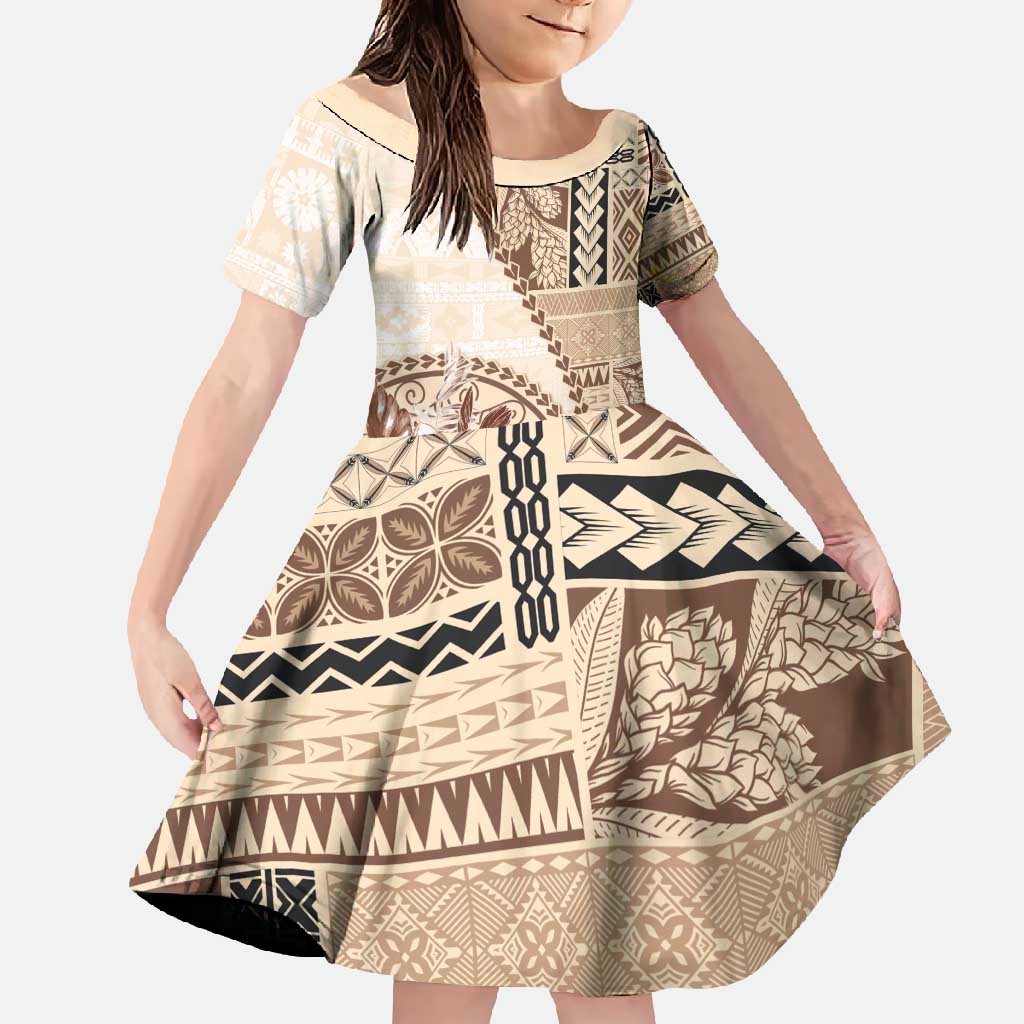 Samoa Siapo Elegant Family Matching Long Sleeve Bodycon Dress and Hawaiian Shirt Hibiscus Beige Motifs LT05 Daughter's Dress Beige - Polynesian Pride
