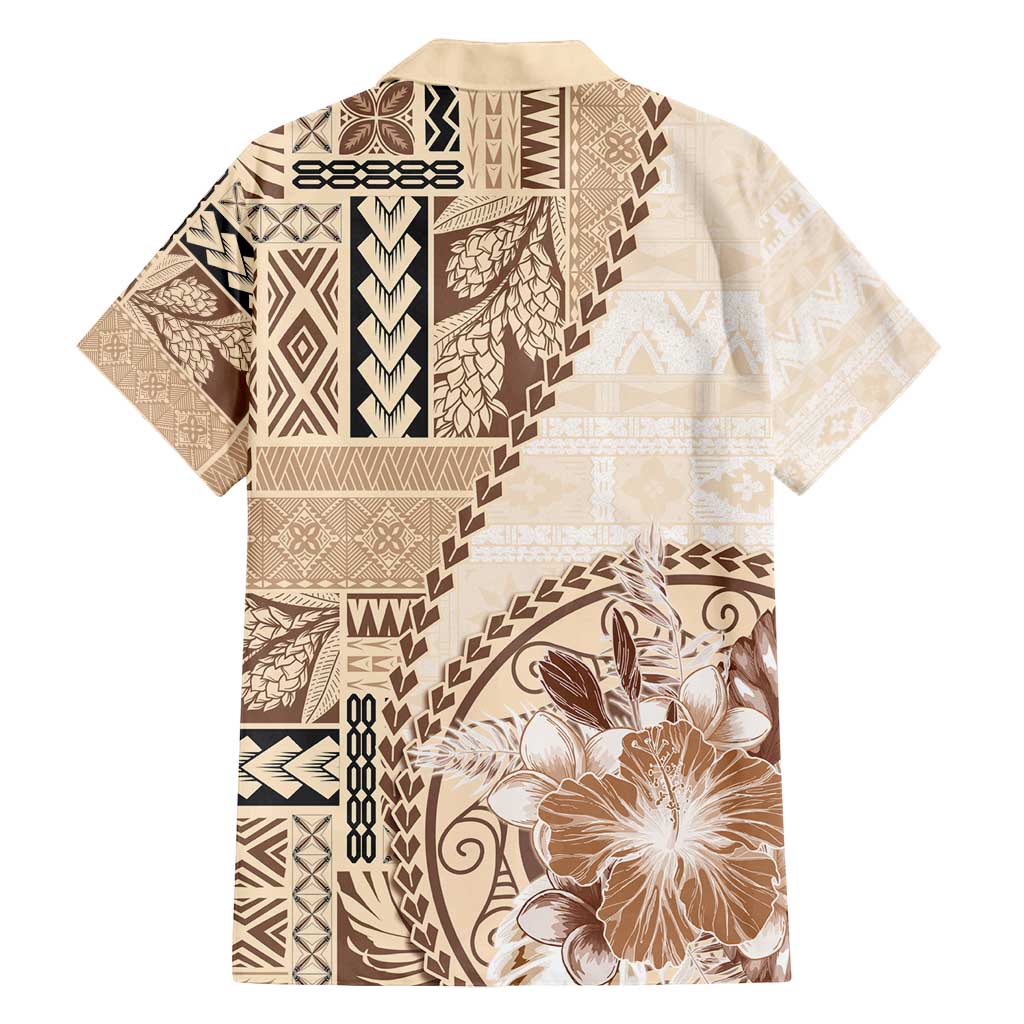 Samoa Siapo Elegant Family Matching Long Sleeve Bodycon Dress and Hawaiian Shirt Hibiscus Beige Motifs LT05 - Polynesian Pride