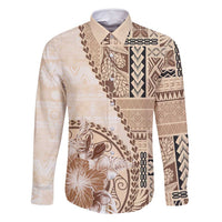 Samoa Siapo Elegant Family Matching Long Sleeve Bodycon Dress and Hawaiian Shirt Hibiscus Beige Motifs LT05 Dad's Shirt - Long Sleeve Beige - Polynesian Pride