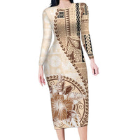 Samoa Siapo Elegant Family Matching Long Sleeve Bodycon Dress and Hawaiian Shirt Hibiscus Beige Motifs LT05 Mom's Dress Beige - Polynesian Pride