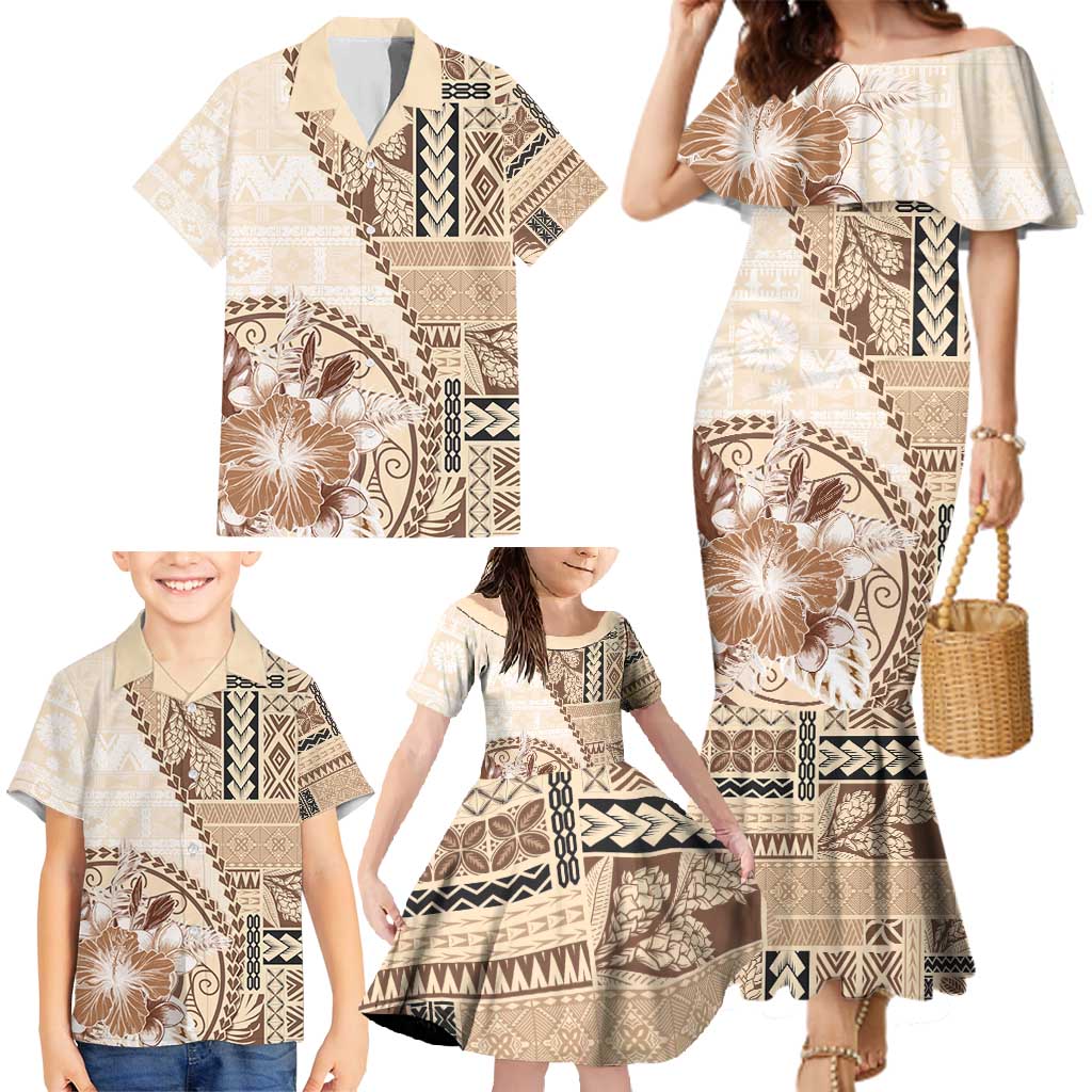 Samoa Siapo Elegant Family Matching Mermaid Dress and Hawaiian Shirt Hibiscus Beige Motifs LT05 - Polynesian Pride